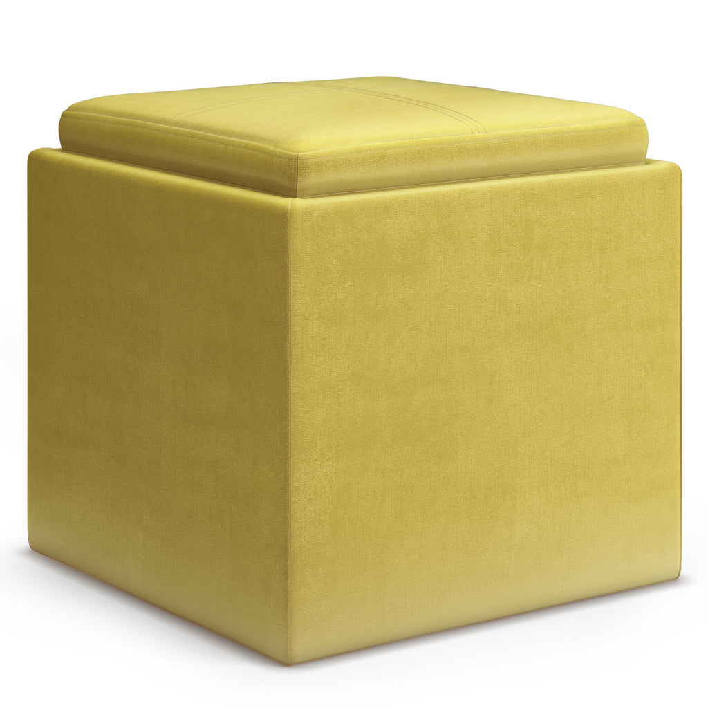 Rockwood 17 inch Wide Cube Storage Ottoman with Tray in Dijon Yellow Velvet Fabric