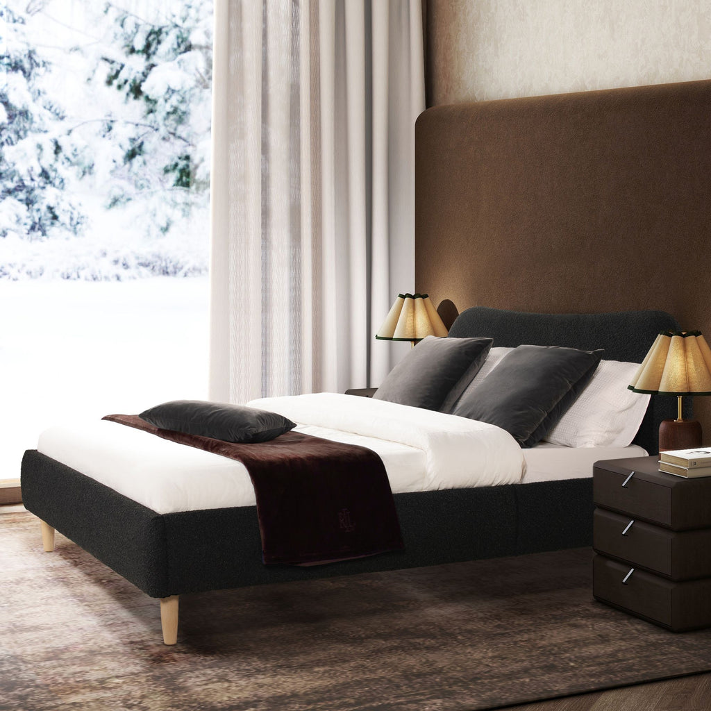 Roman Curved Headboard Upholstered Platform Bed, Queen, Ebony Black Boucle