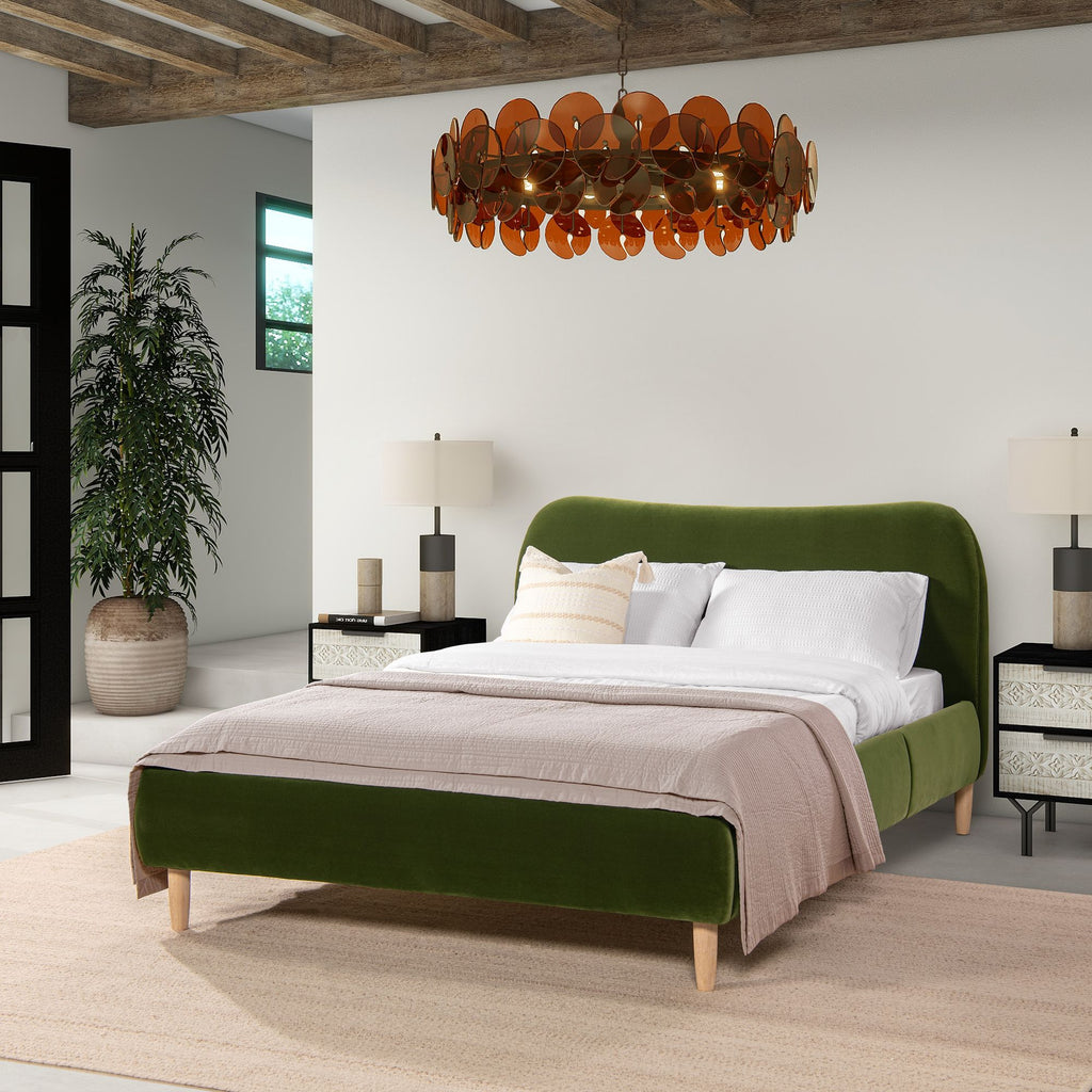 Roman Curved Headboard Upholstered Platform Bed, Queen, Olive Green Performance Velvet