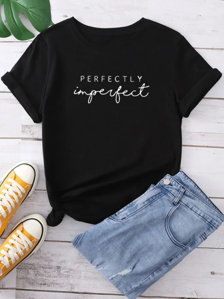 Perfectly Imperfect Letter Print Black Short Sleeve T-Shirt for Women Casual Harajuku Style Summer Streetwear Girl Top