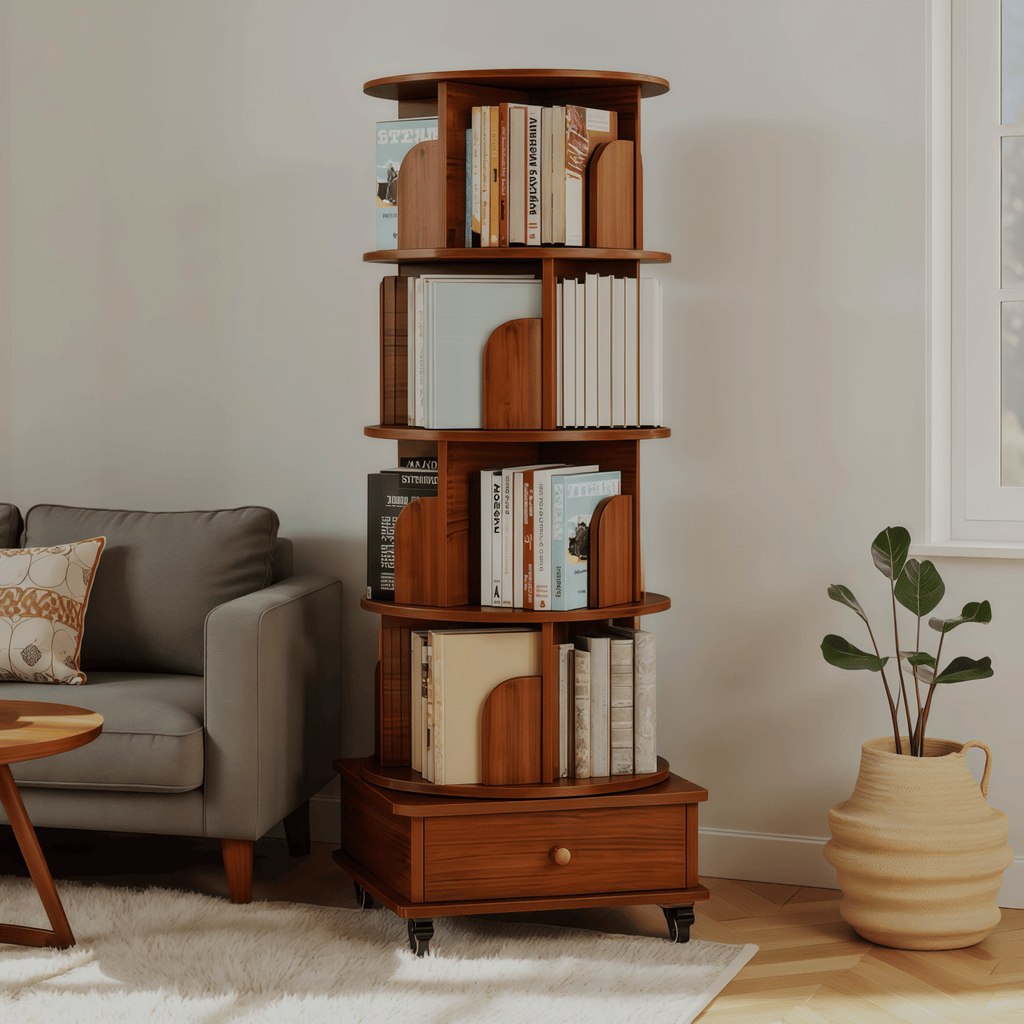 Rotating Bookshelf with Drawer, 360 Display 5 Tier Corner Bookshelf for Small Space, Floor Standing Bookcase Storage Rack, Wood Narrow Organizer for Bedroom, Living Room (WALNUT)