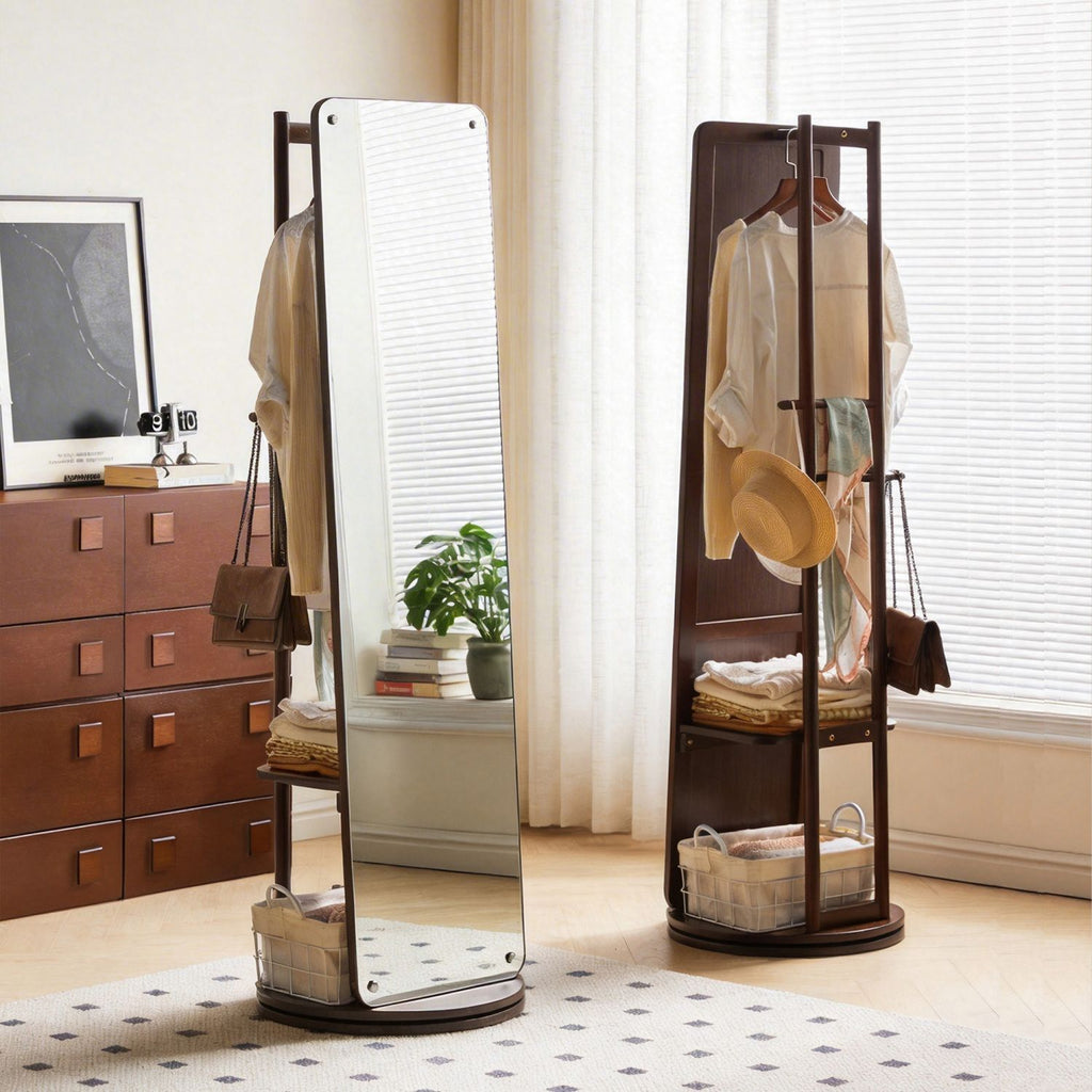 Rotating Full Length Mirror with Clothes Rack, Freestanding Solid Wood Storage Mirror for Bedroom Living Room