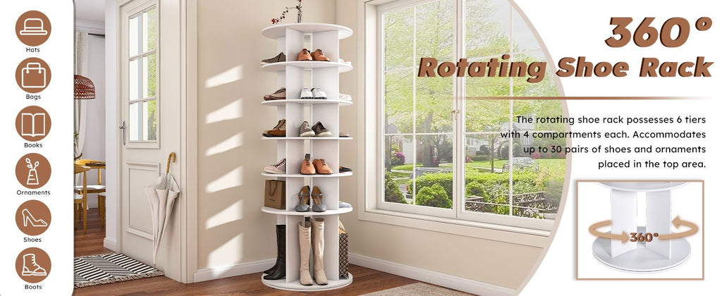 Rotating Shoe Rack Tower, 6-Tier Spinning Shoe Rack, Free Standing 360° Revolving Shoe Organizer, High Bottom Design Shoe Tower Spinning Storage Lazy Susany, Fits 24 Pairs of Shoes (6-Tier White)