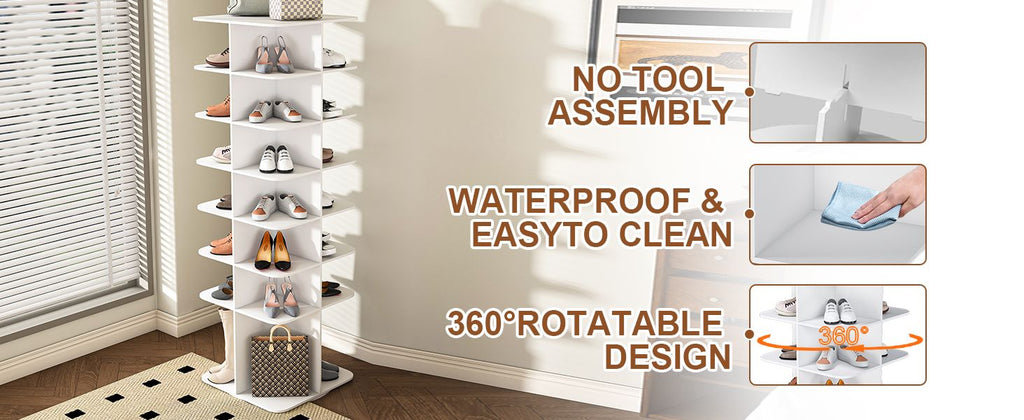 Rotating Shoe Rack Tower, 7-Tier Spinning Shoe Rack, Free Standing 360° Revolving Shoe Organizer, High Bottom Design Shoe Tower Spinning Storage Lazy Susany, Fits 28 Pairs of Shoes (7-Tier White)