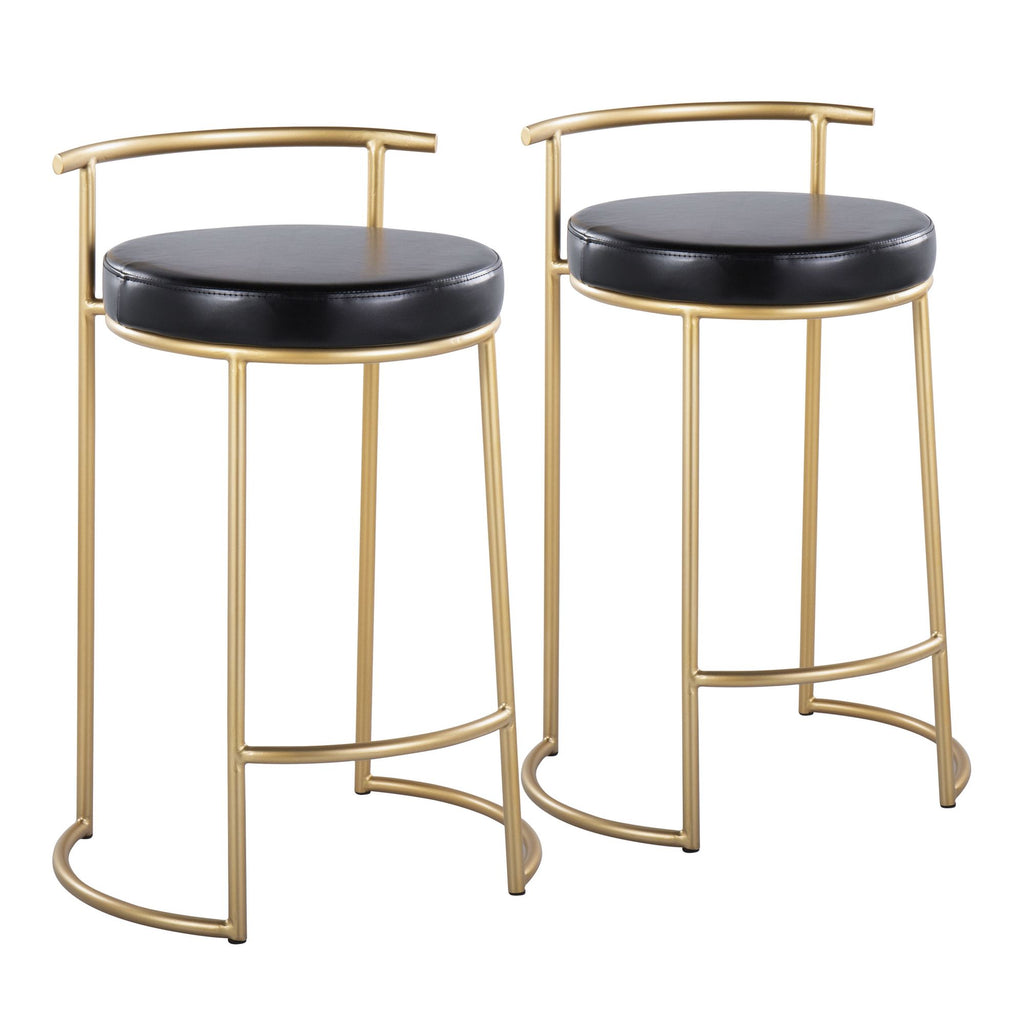 Round 26" Contemporary Fixed-Height Counter Stool in Gold Metal and Black Faux Leather - Set of 2