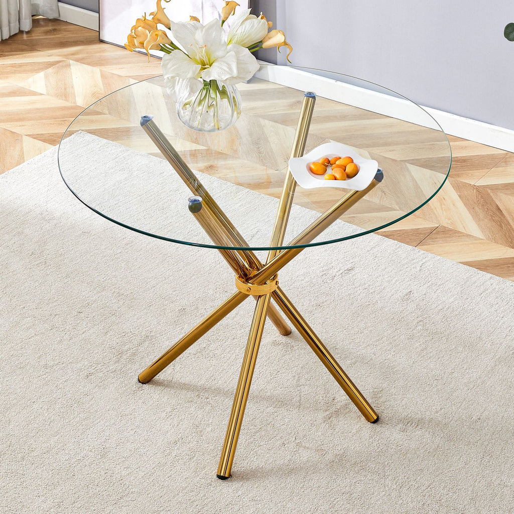 Round clear glass dining table with a unique shape for 4-6 people, with ring-shaped gathered gold metal legs, suitable for desks, kitchens, terraces, dining rooms. W1151P208338