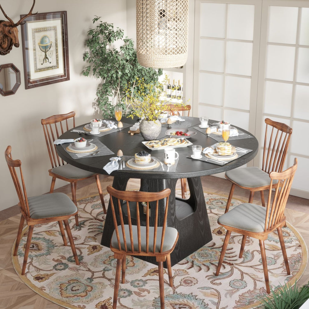 Round Dining Table for 4-6,47 Inch Round Dinner Table with Wooden Tabletop and Storage Base,Farmhouse Dining Table,Wood Kitchen Table for Dining Room,Kitchen, Living Room,Black(Table Only)