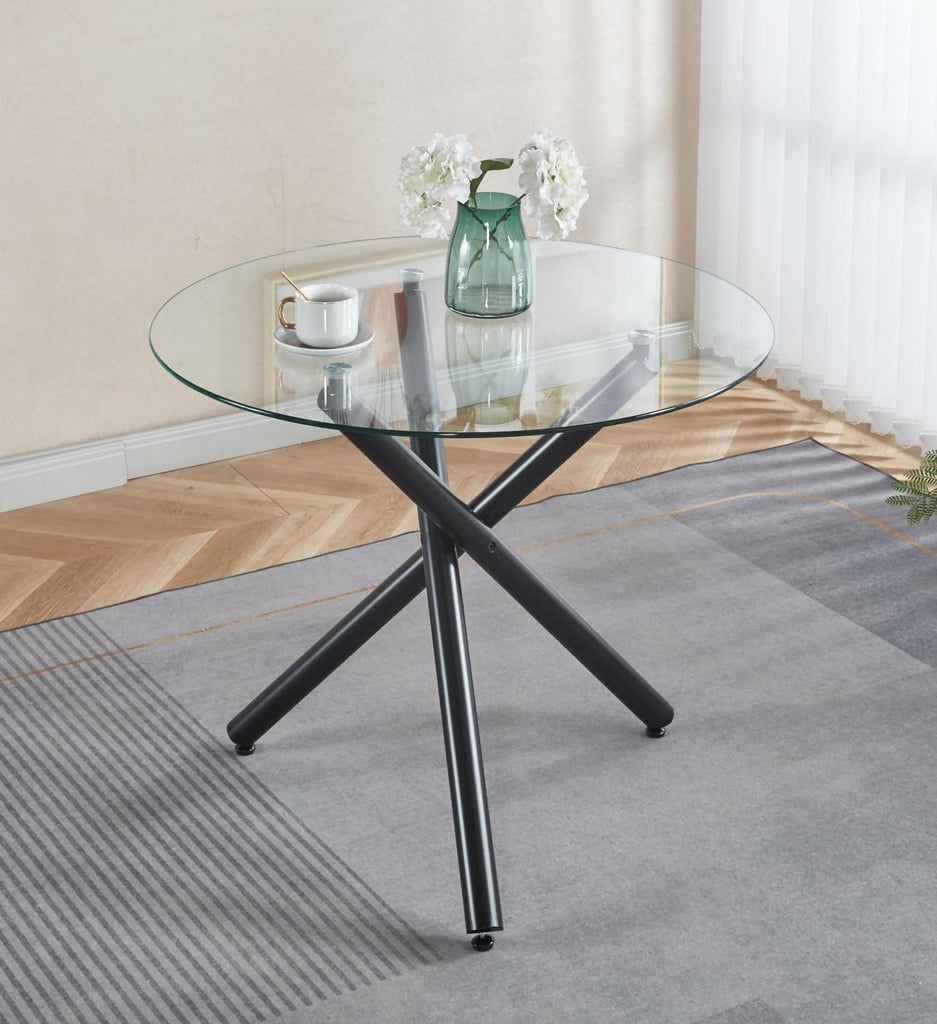 Round Dining Table with black metal leg and tempered glass,Modern Space Saving Kitchen Table for Living Room