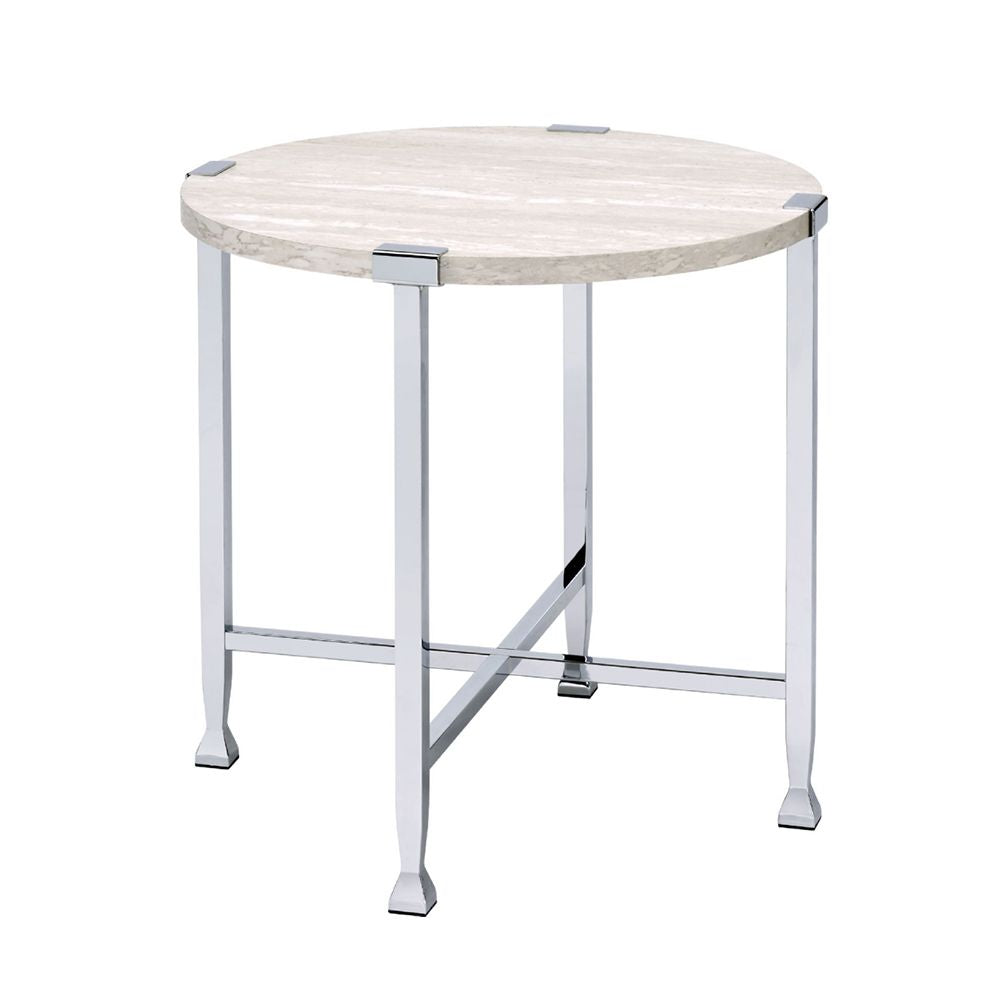 Round End Table with X-Shape Support, White Oak and Chrome