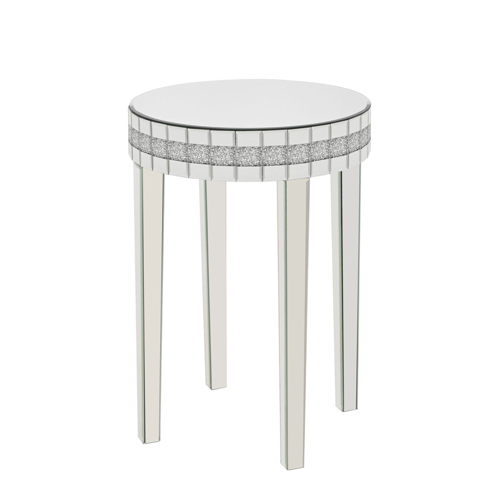 Round Mirror Accent Table, with Silver Mirror Glass Tabletop with Bling Crushed Diamond Edge Frame and Crystal Mirror Legs. End Table for Living Room, Bedroom, Coffee, Entryway,9.7" Diameter x 28.33"