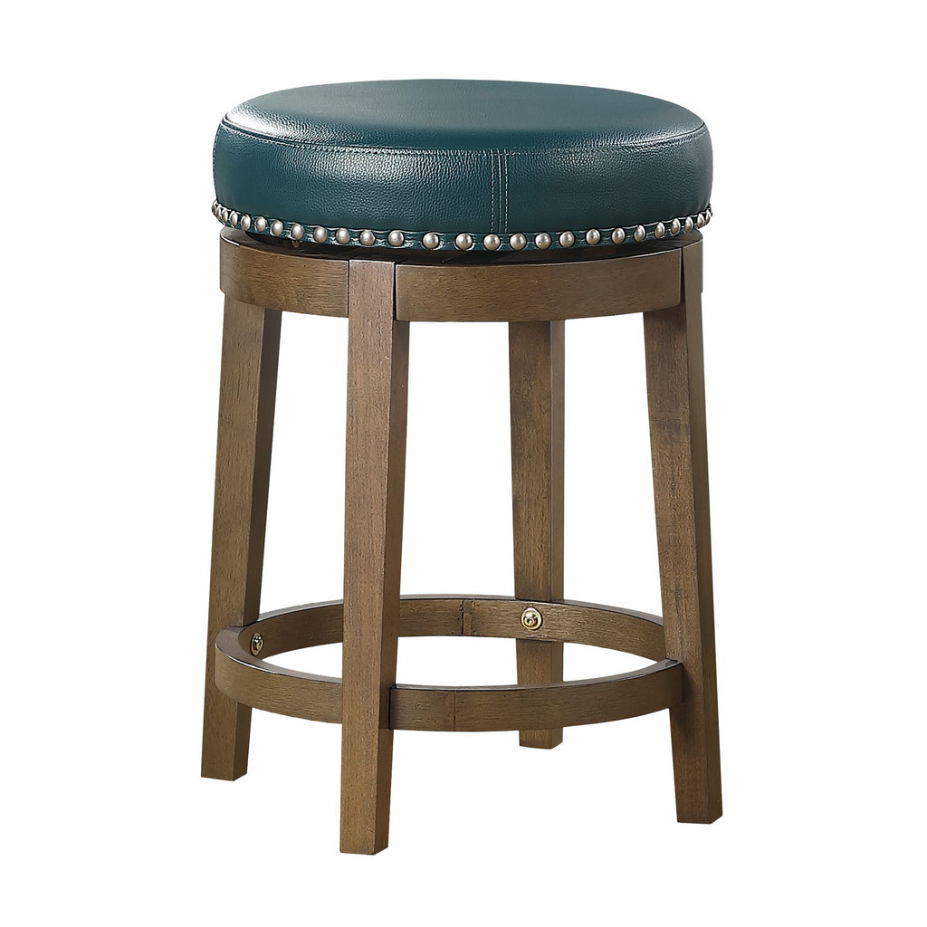 Round Swivel Counter Height Stools Set of 2, Green Faux Leather 360-degree Swivel Seat Nailhead Trim Solid Wood Frame Brown Finish Furniture