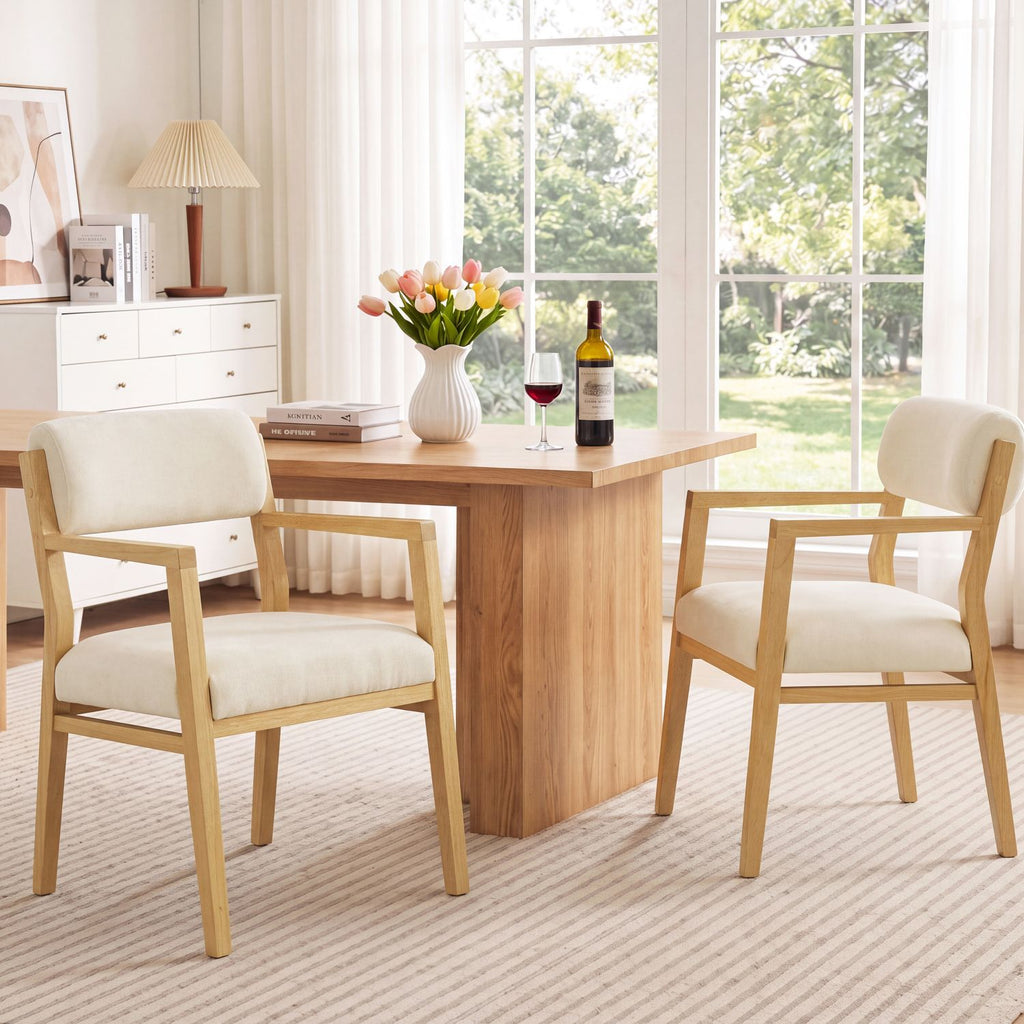 Rubber Wood Dining Chairs, Upholstered Fabric Armchairs(Set of 2),Natural wood + Beige fabric