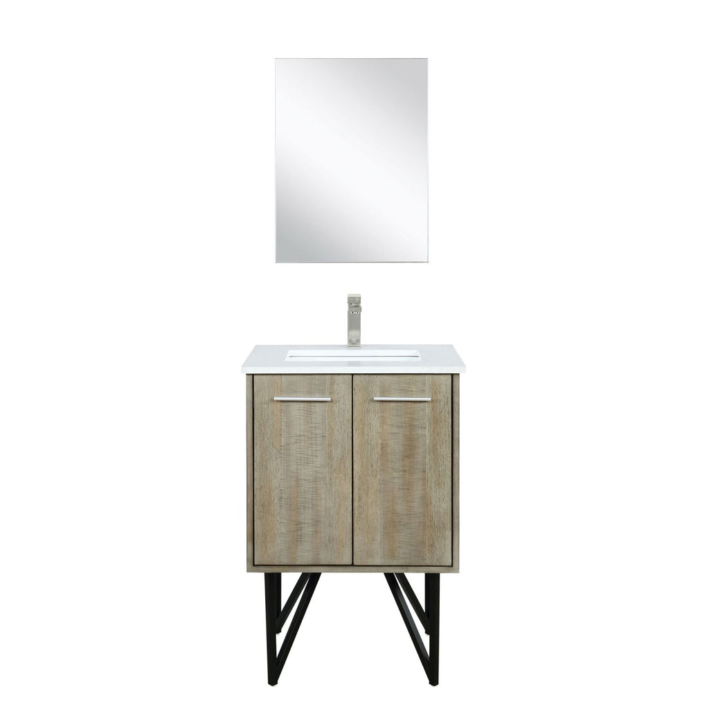 Rustic Acacia Bath Vanity 24 in. W x 20 in. D, White Quartz Top, Brushed Nickel Faucet Set and 18 in. Mirror