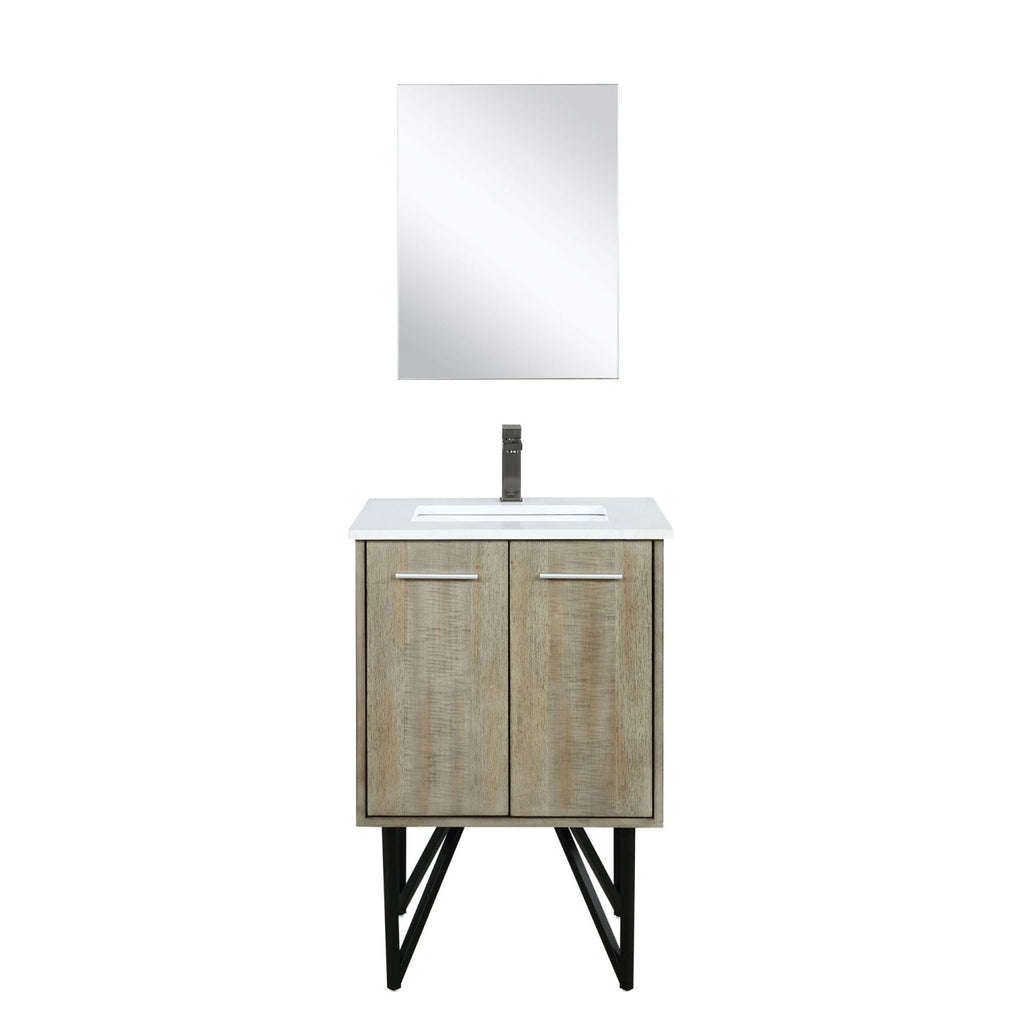 Rustic Acacia Bath Vanity 24 in. W x 20 in. D, White Quartz Top, Gun Metal Faucet Set and 18 in. Mirror