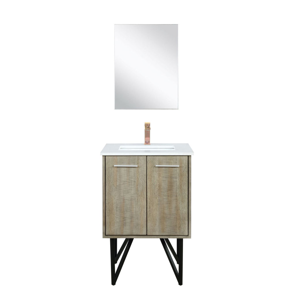 Rustic Acacia Bath Vanity 24 in. W x 20 in. D, White Quartz Top, Rose Gold Faucet Set and 18 in. Mirror