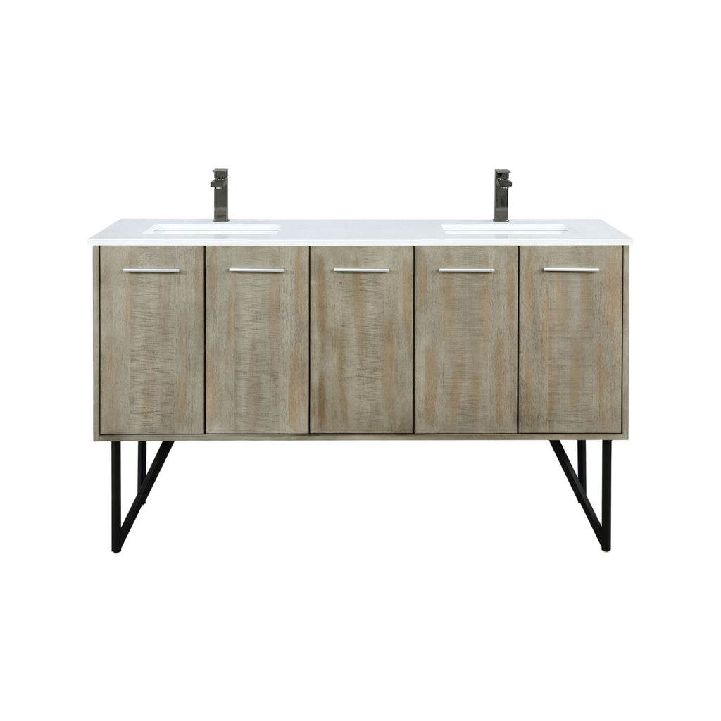 Rustic Acacia Double Bath Vanity 60 in. W x 20 in. D, White Quartz Top and Gun Metal Faucet Set