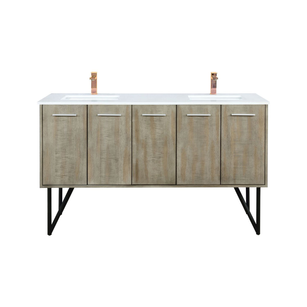 Rustic Acacia Double Bath Vanity 60 in. W x 20 in. D, White Quartz Top and Rose Gold Faucet Set