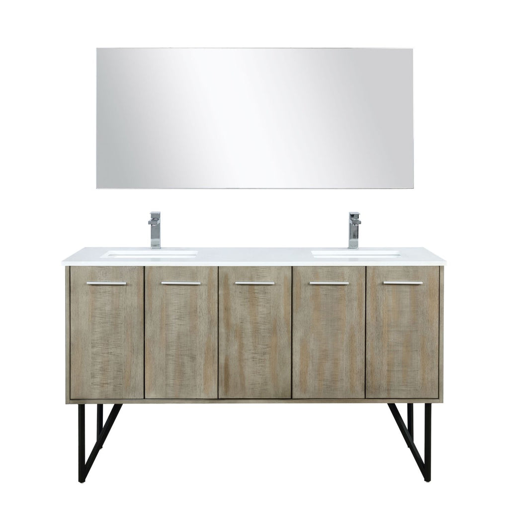 Rustic Acacia Double Bath Vanity 60 in. W x 20 in. D, White Quartz Top, Chrome Faucet Set and 55 in. Mirror