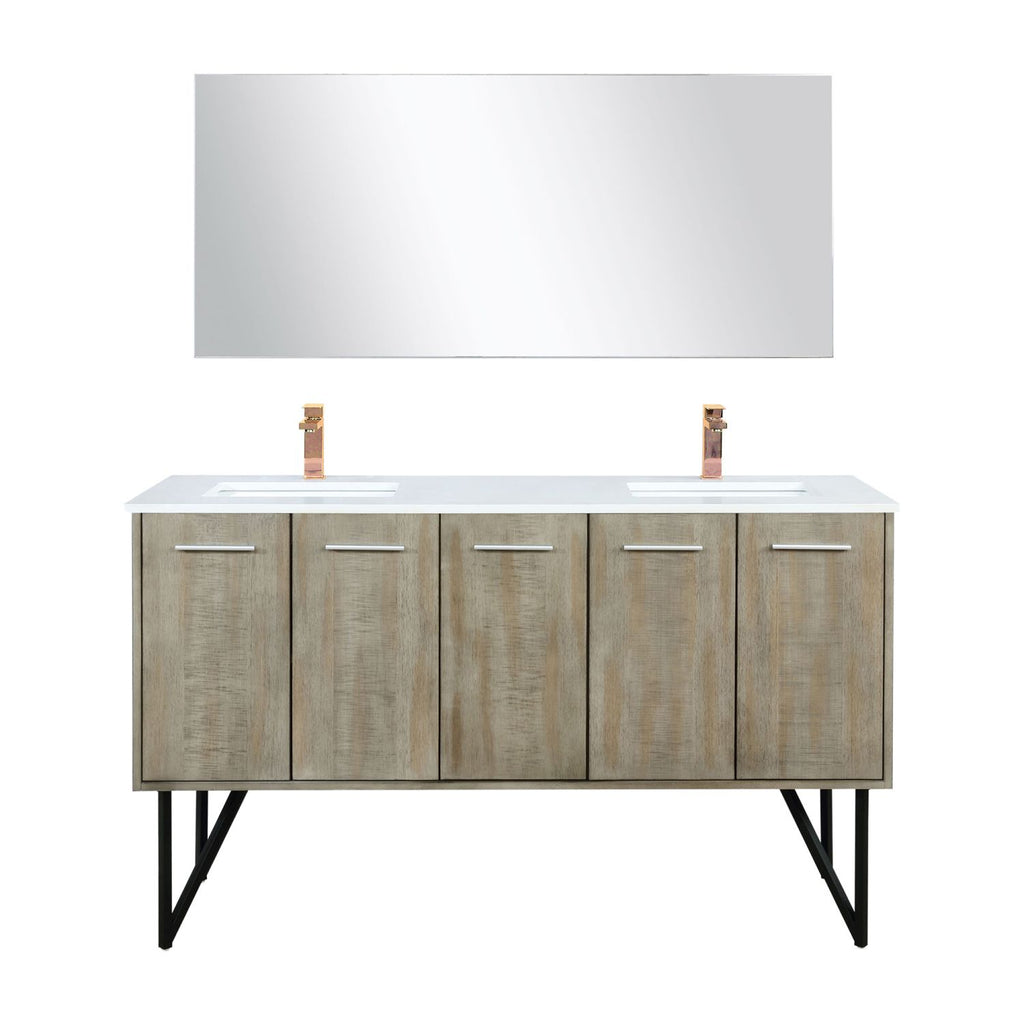 Rustic Acacia Double Bath Vanity 60 in. W x 20 in. D, White Quartz Top, Rose Gold Faucet Set and 55 in. Mirror