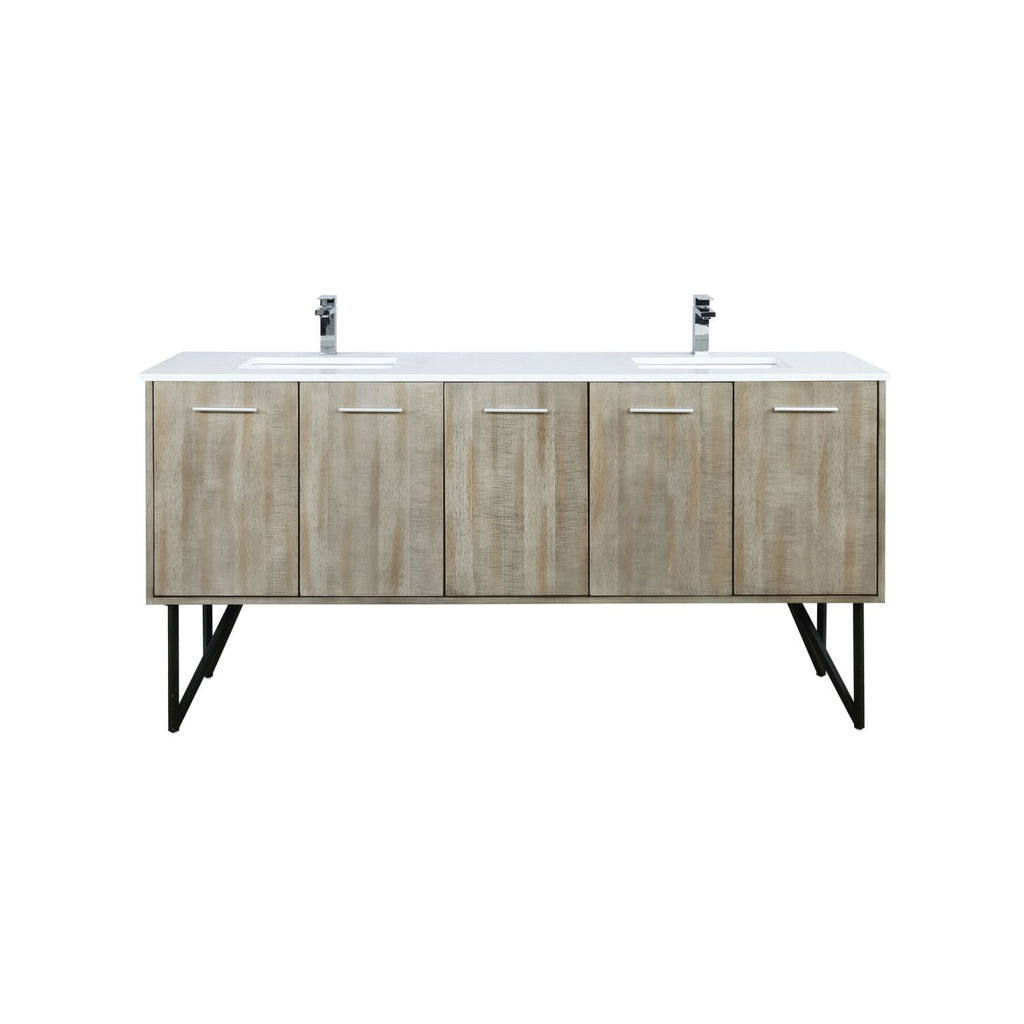 Rustic Acacia Double Bath Vanity 72 in. W x 20 in. D, White Quartz Top and Chrome Faucet Set