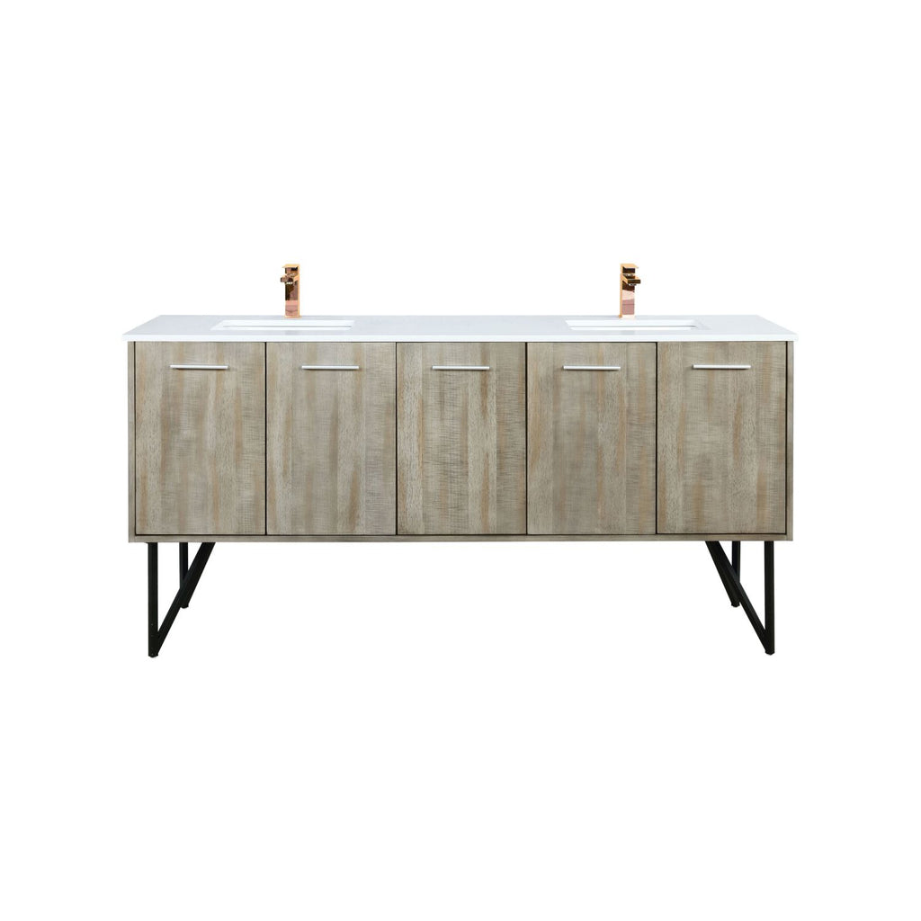 Rustic Acacia Double Bath Vanity 72 in. W x 20 in. D, White Quartz Top and Rose Gold Faucet Set