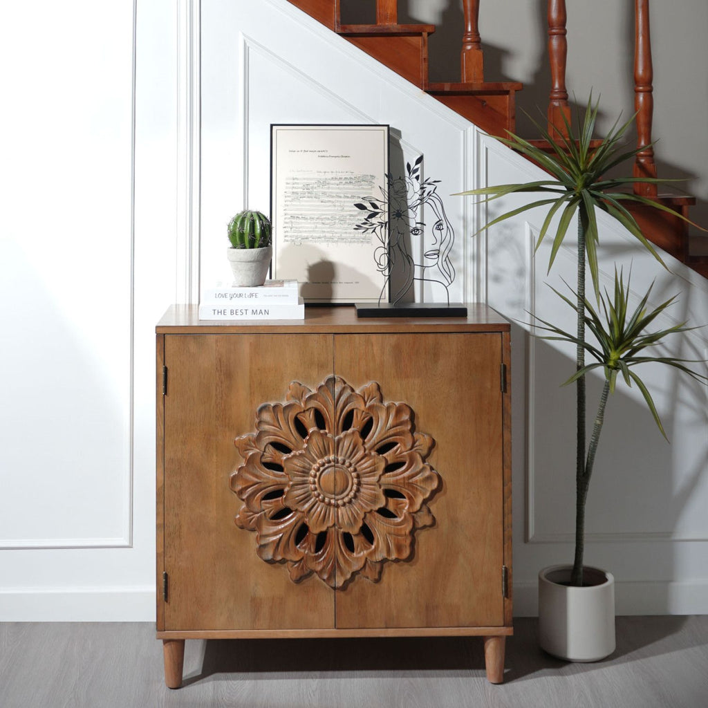 Rustic Hand-Carved Wooden 2-Door Cabinet – Boho Accent Storage Cabinet with Floral Design, Solid Wood Sideboard for Living Room, Entryway, or Bedroom