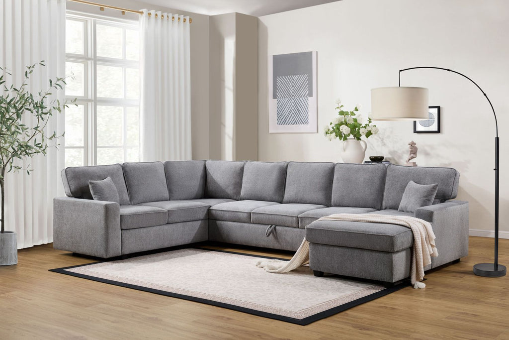 Samara 137"W Gray Chenille Sectional Sofa with Right-Facing Chaise, Underseat Storage, Throw Pillows