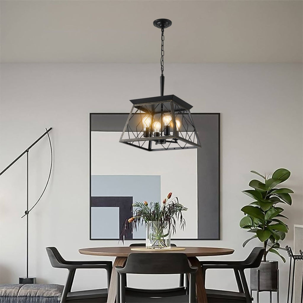 (Same as W1340111204/L1010) 16" Black Gold Industrial 4-Light Pendant Chandelier, Modern Metal Cage Design, Adjustable Hanging Light for Dining Room, Kitchen, Living Room (No Bulbs)