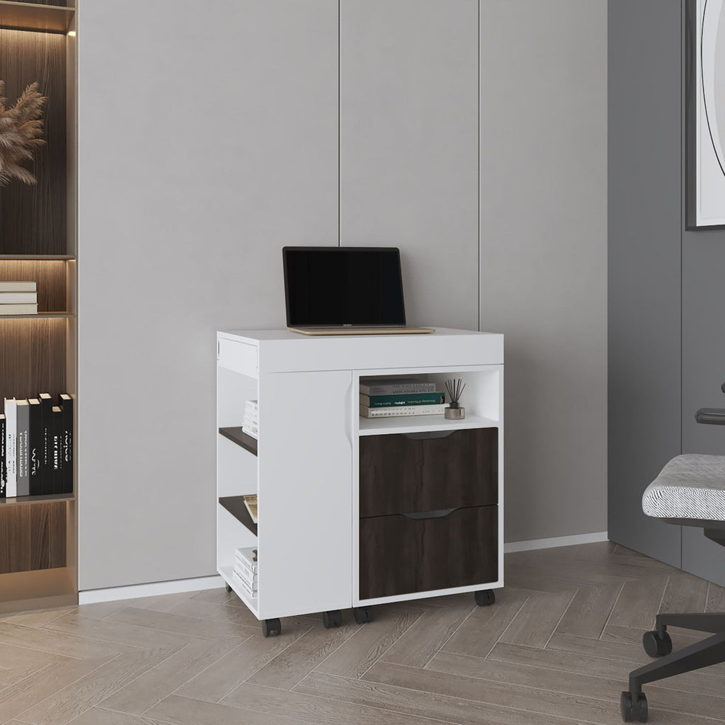 San Diego 54" Wide Two Drawer Expandable Desk with Seven Shelves and Casters White - Dark Walnut