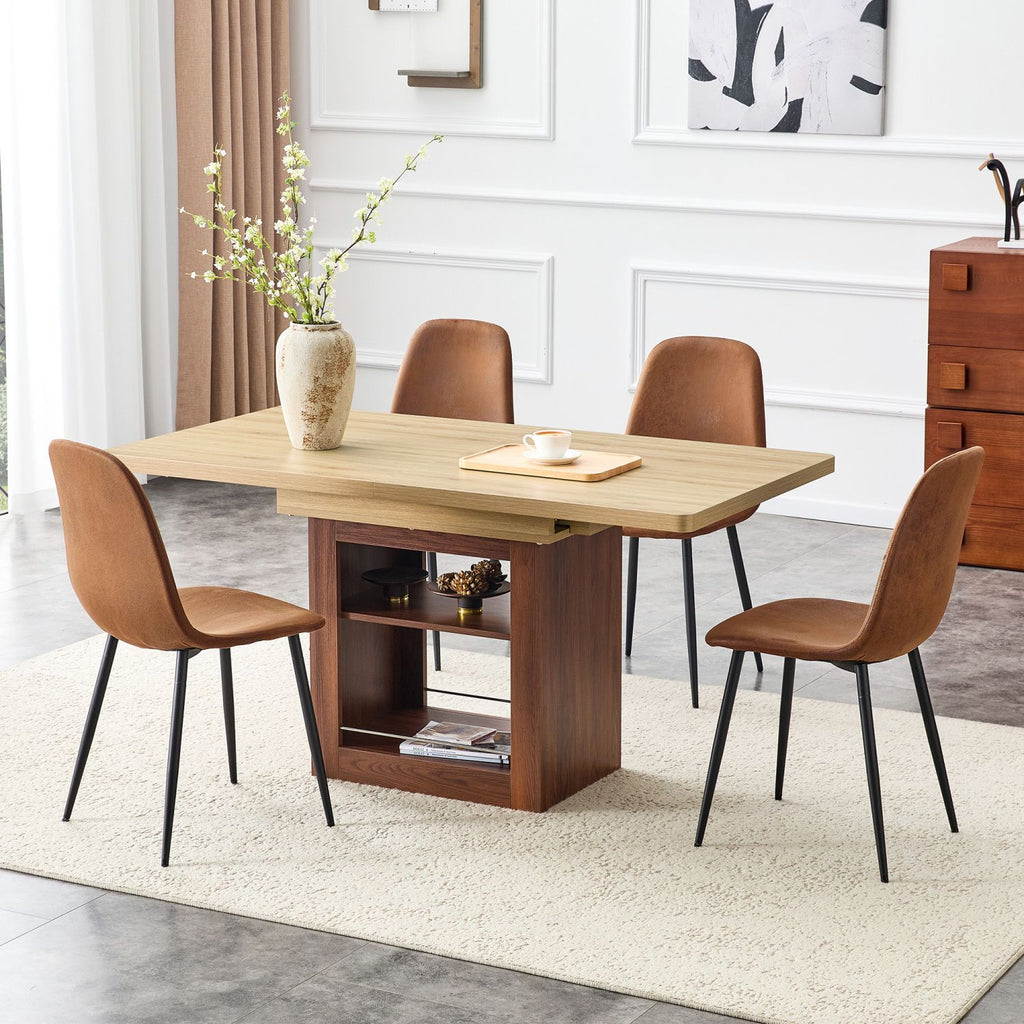 Scalable dining table and chair set, 59-71 inch pull-out table, 4-piece set of technological fabric chairs, modern light luxury restaurant furniture. Suitable for restaurants, kitchens, etc.