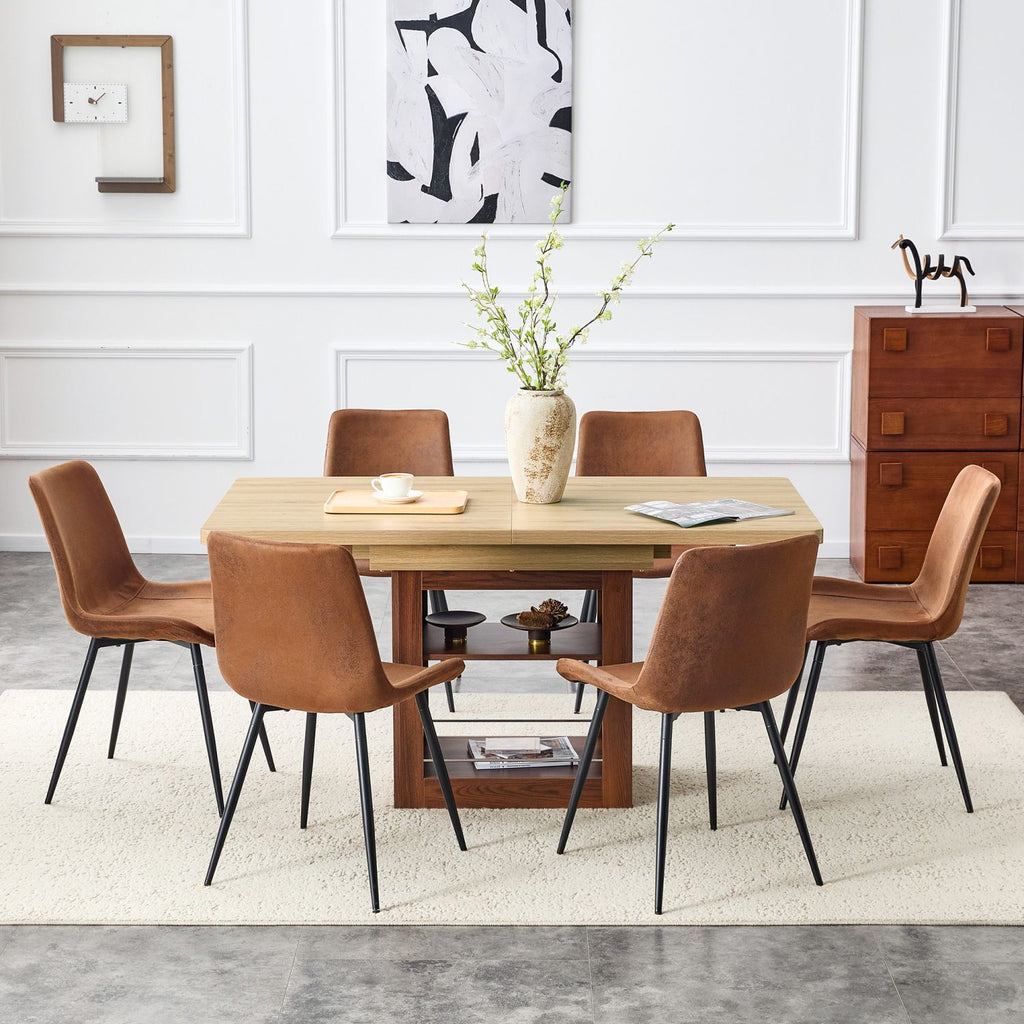 Scalable dining table and chair set, 59-71 inch pull-out table, 6-piece set of Comfortable Technology-Fabric Brown Chairs With Curved Widened Cushion Design.Suitable for dining rooms,office,etc.