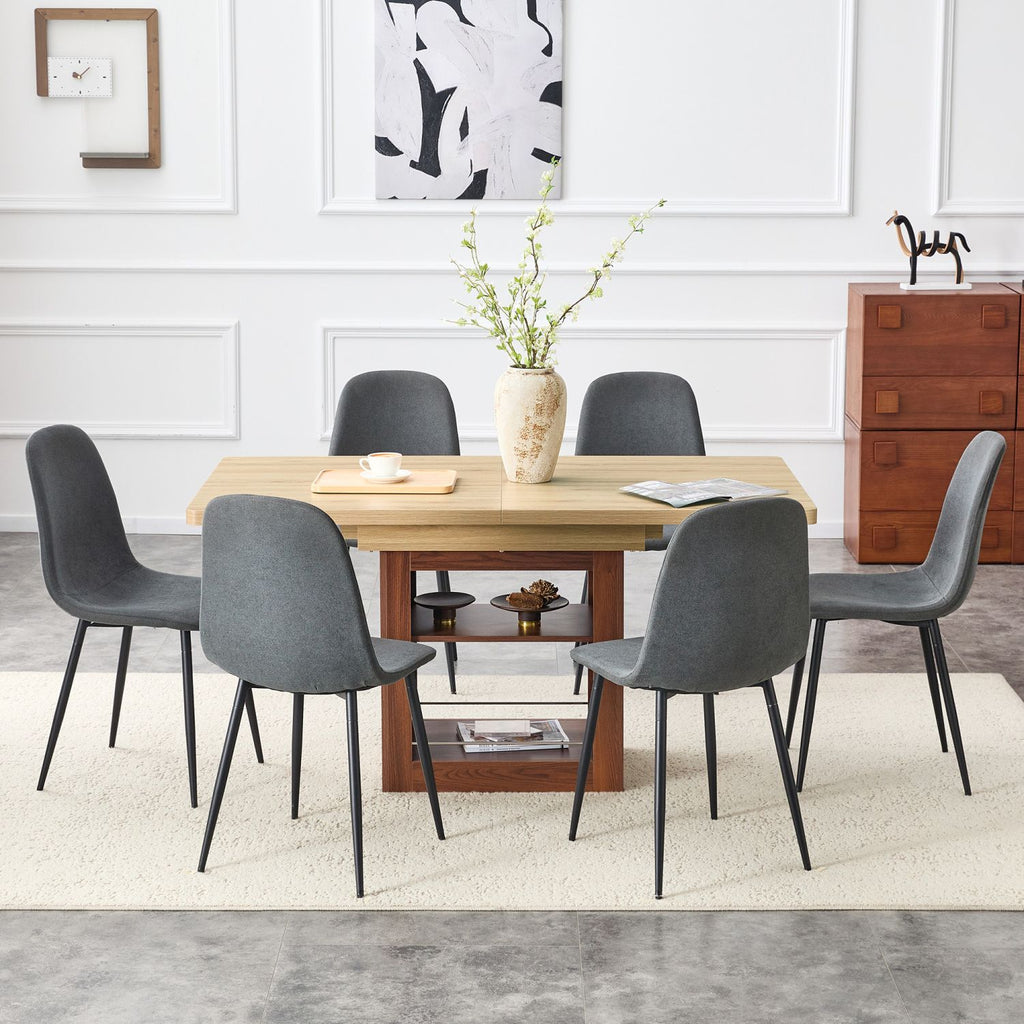 Scalable dining table and chair set, 59-71 inch pull-out table, 6-piece set of Dark Gray Linen-Cotton Material chairs, modern light luxury restaurant furniture.Suitable for restaurants, kitchens, etc.