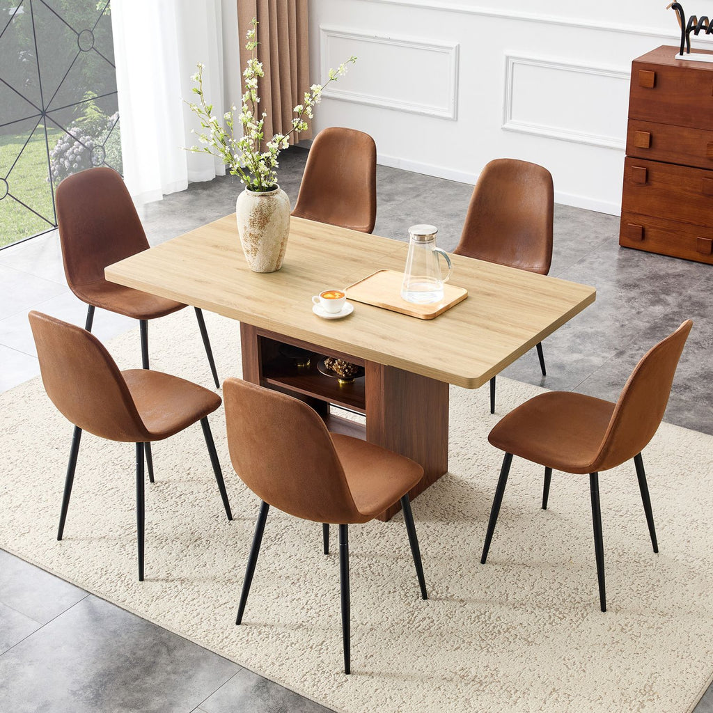 Scalable dining table and chair set, 59-71 inch pull-out table, 6-piece set of technological fabric chairs, modern light luxury restaurant furniture. Suitable for restaurants, kitchens, etc.