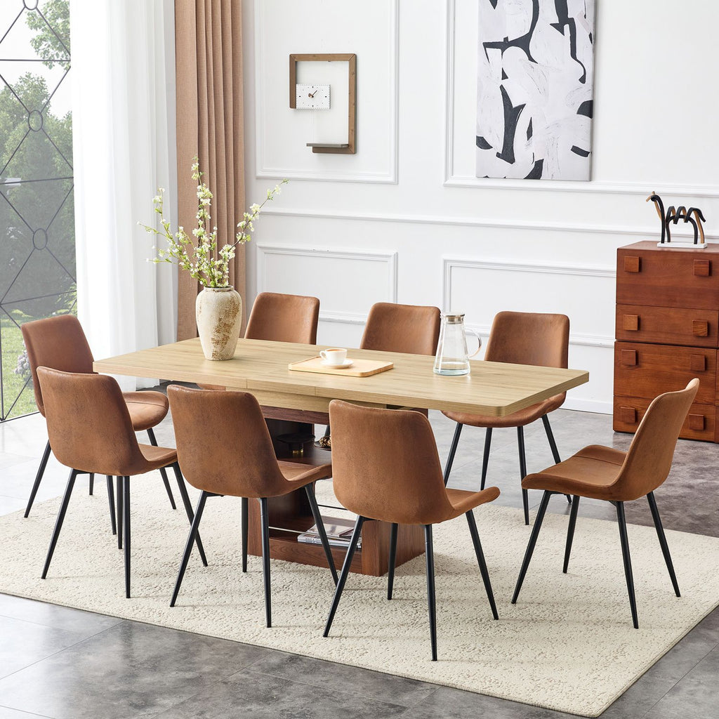 Scalable dining table and chair set, 59-71 inch pull-out table, 8-piece set of Comfortable Technology-Fabric Brown Chairs With Curved Widened Cushion Design.Suitable for dining rooms,office,etc.