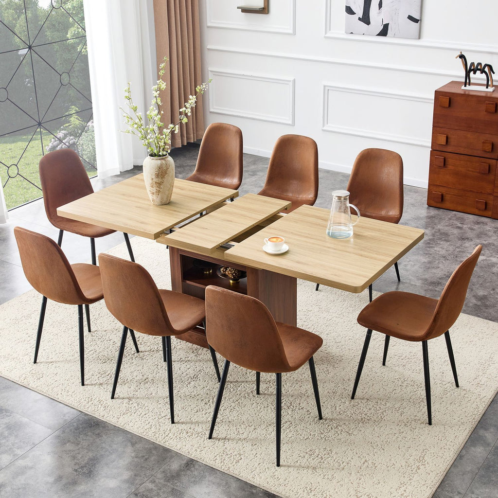 Scalable dining table and chair set, 59-71 inch pull-out table, 8-piece set of technological fabric chairs, modern light luxury restaurant furniture. Suitable for restaurants, kitchens, etc.