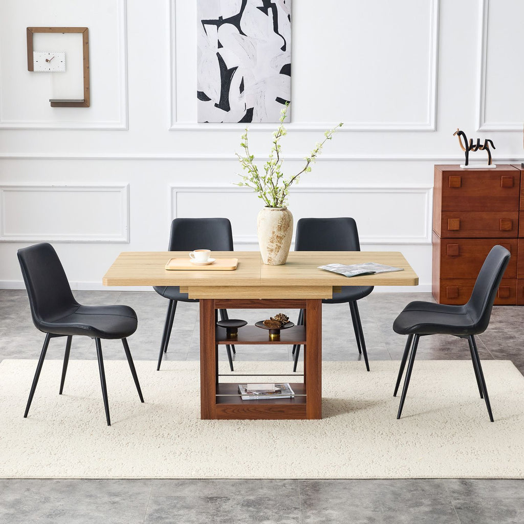 Scalable dining table and chair set, 59-71 inch pull-out table,4-piece set of Black Artificial PU Chairs With Curved Widened Cushion Design. Suitable for dining rooms,office,etc.