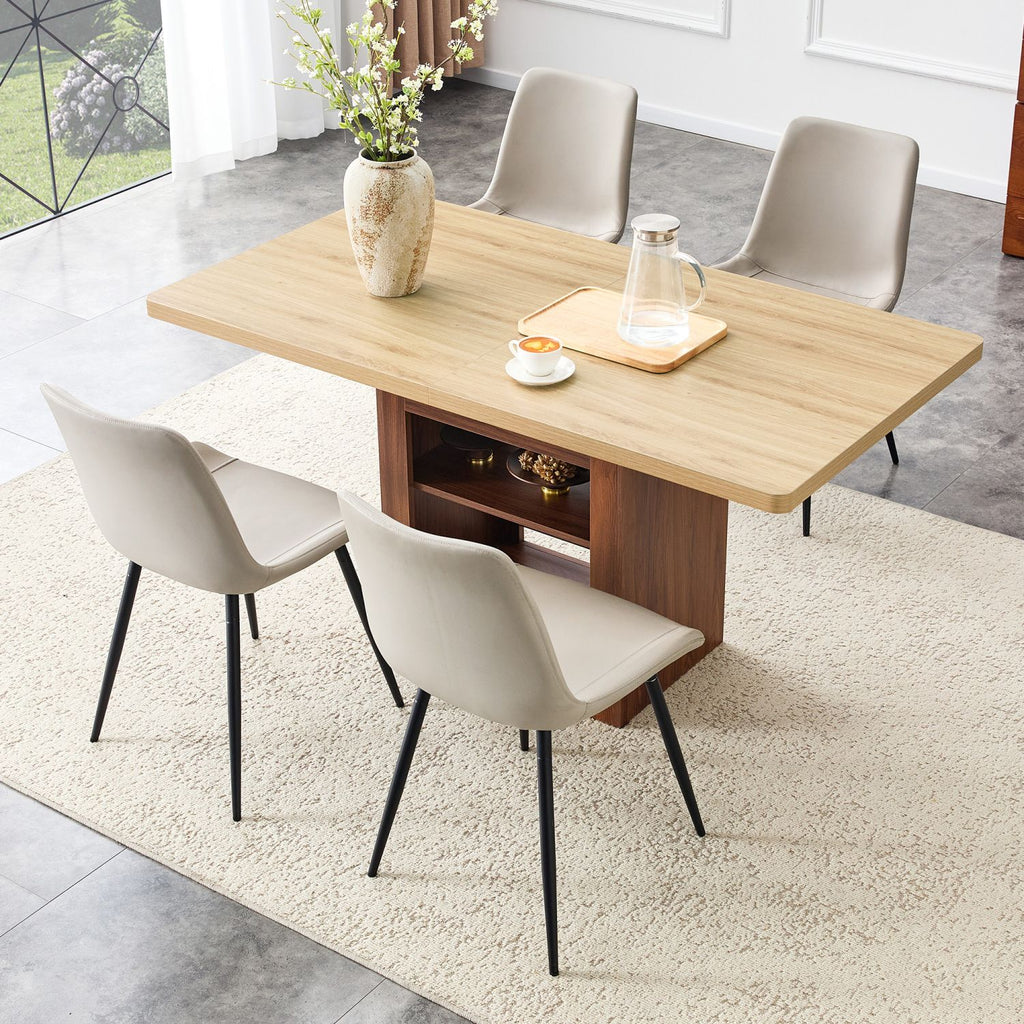 Scalable dining table and chair set, 59-71 inch pull-out table,4-piece set of Warm Gray Artificial PU Chairs With Curved Widened Cushion Design. Suitable for dining rooms,office,etc.