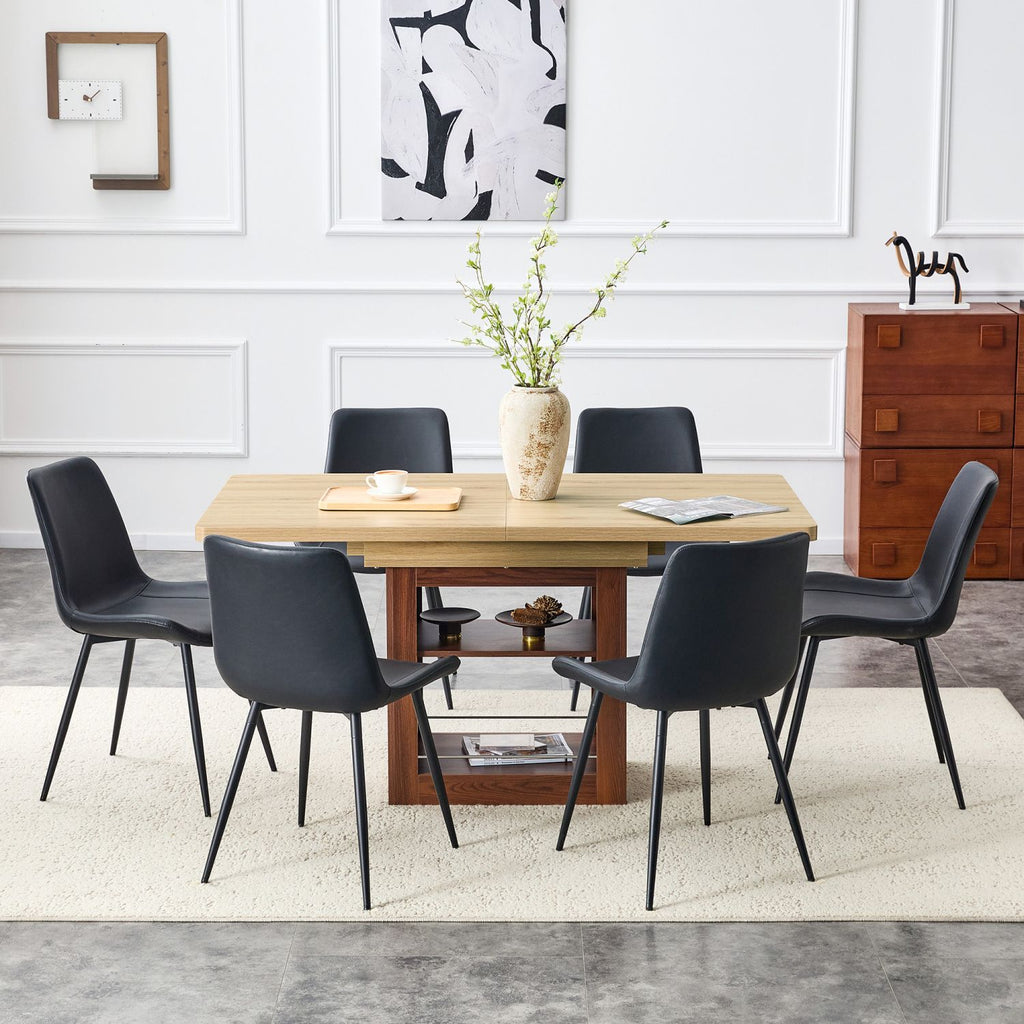 Scalable dining table and chair set, 59-71 inch pull-out table,6-piece set of Black Artificial PU Chairs With Curved Widened Cushion Design. Suitable for dining rooms,office,etc.