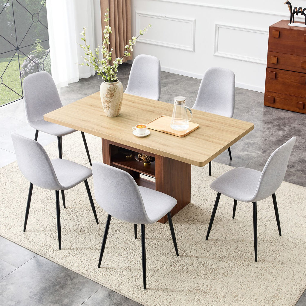 Scalable dining table and chair set, 59-71 inch pull-out table,6-piece set of Light Gray Linen-Cotton Material chairs, modern light luxury restaurant furniture.Suitable for restaurants, kitchens, etc.