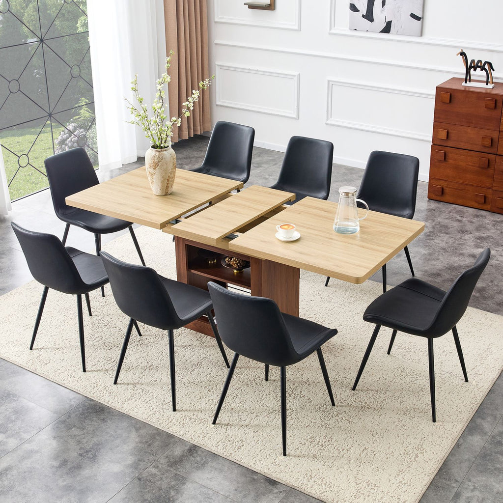 Scalable dining table and chair set, 59-71 inch pull-out table,8-piece set of Black Artificial PU Chairs With Curved Widened Cushion Design. Suitable for dining rooms,office,etc.