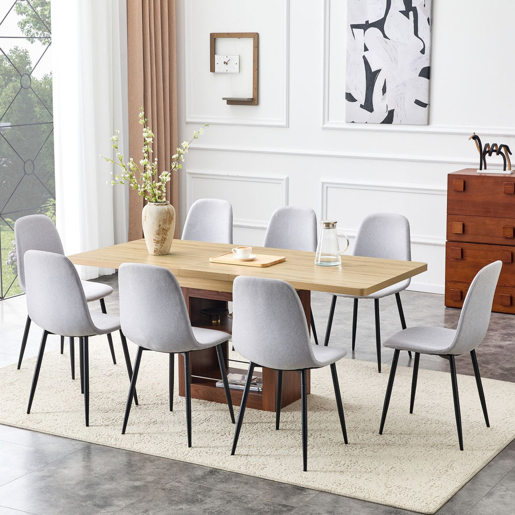 Scalable dining table and chair set, 59-71 inch pull-out table,8-piece set of Light Gray Linen-Cotton Material chairs, modern light luxury restaurant furniture.Suitable for restaurants, kitchens, etc.