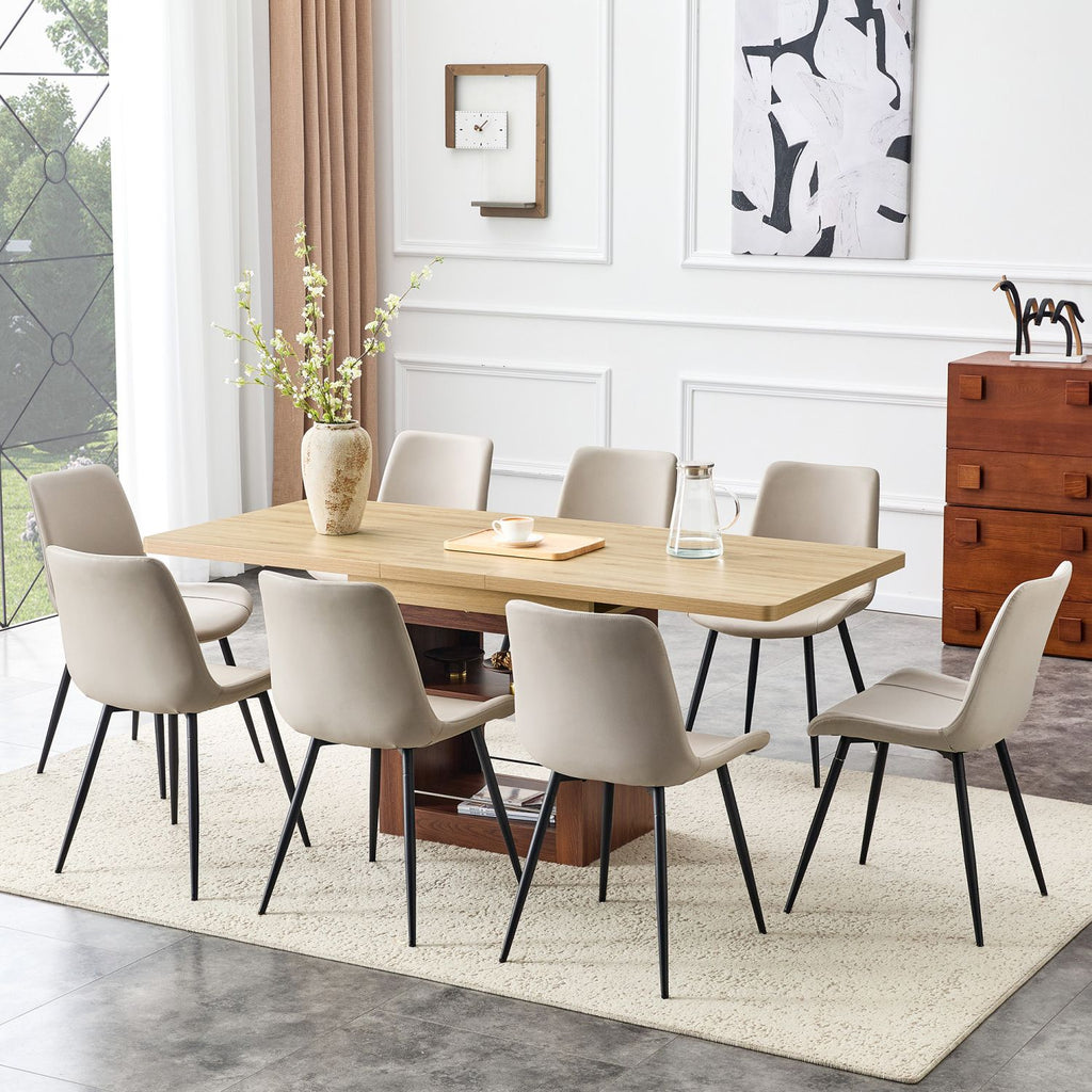 Scalable dining table and chair set, 59-71 inch pull-out table,8-piece set of Warm Gray Artificial PU Chairs With Curved Widened Cushion Design. Suitable for dining rooms,office,etc.