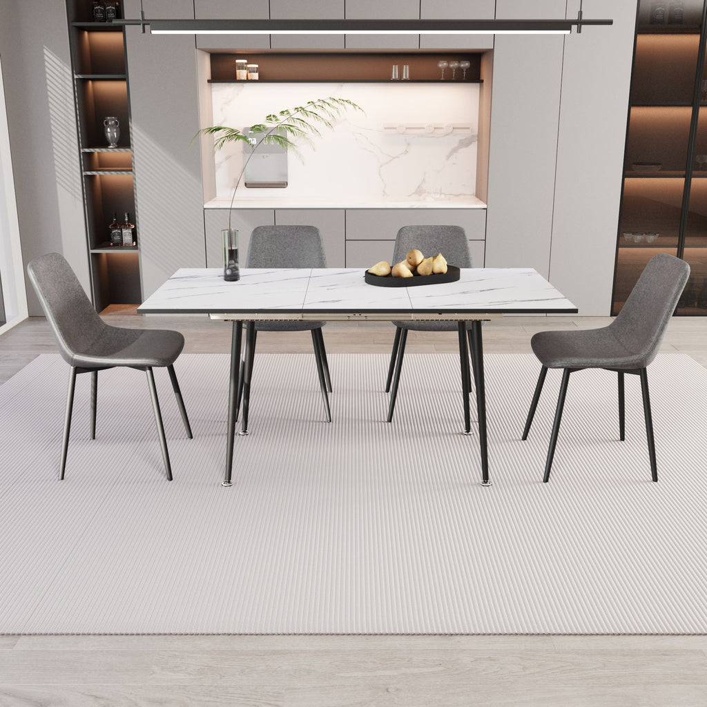 Scalable MDF modern dining table and chair set, suitable for 2-6 people, elegant white dining table and modern grey dining chair 4-piece set, medieval dining table set, metal base and linen chair