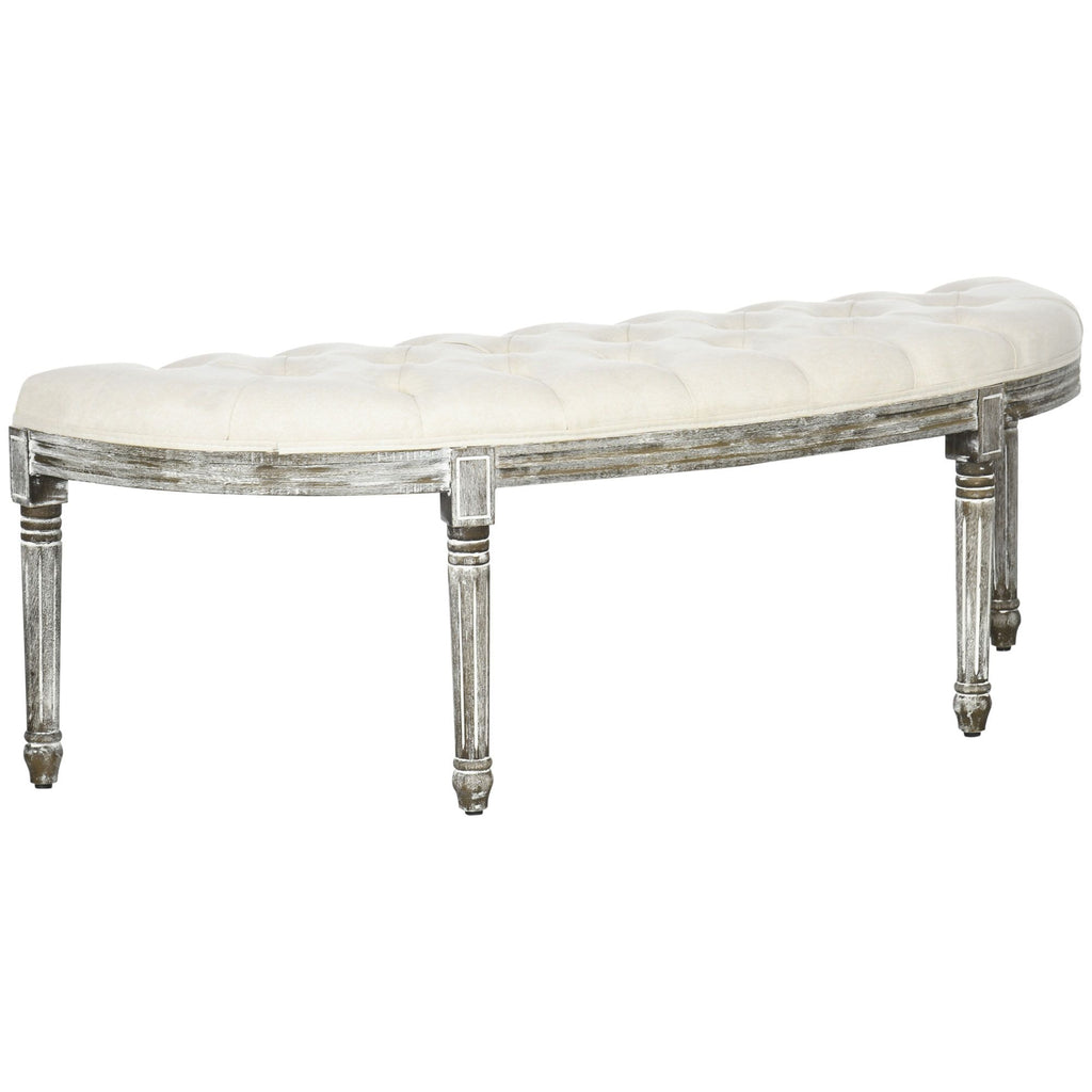 Semi-Circle End of Bed Bench with Tufted Design, Upholstered Bedroom Entryway Bench with Rubberwood Legs, Off White