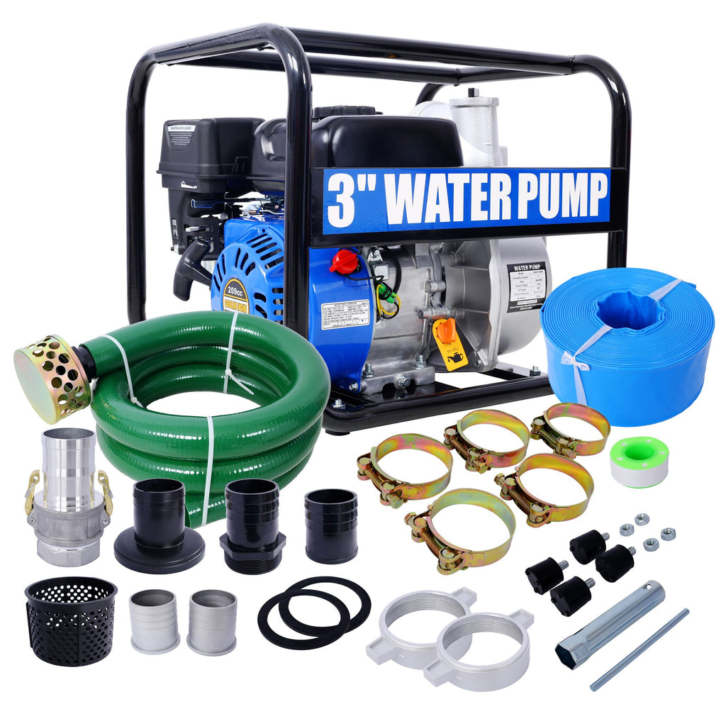 Semi Trash Pump 3 inch, 209cc 7HP 4 stroke OHV ENGINE, Gas Powered Semi Trash Water Pump 50 ft Discharge Hose, 12 ft Suction Hose with Complete Fittings,EPA compliant