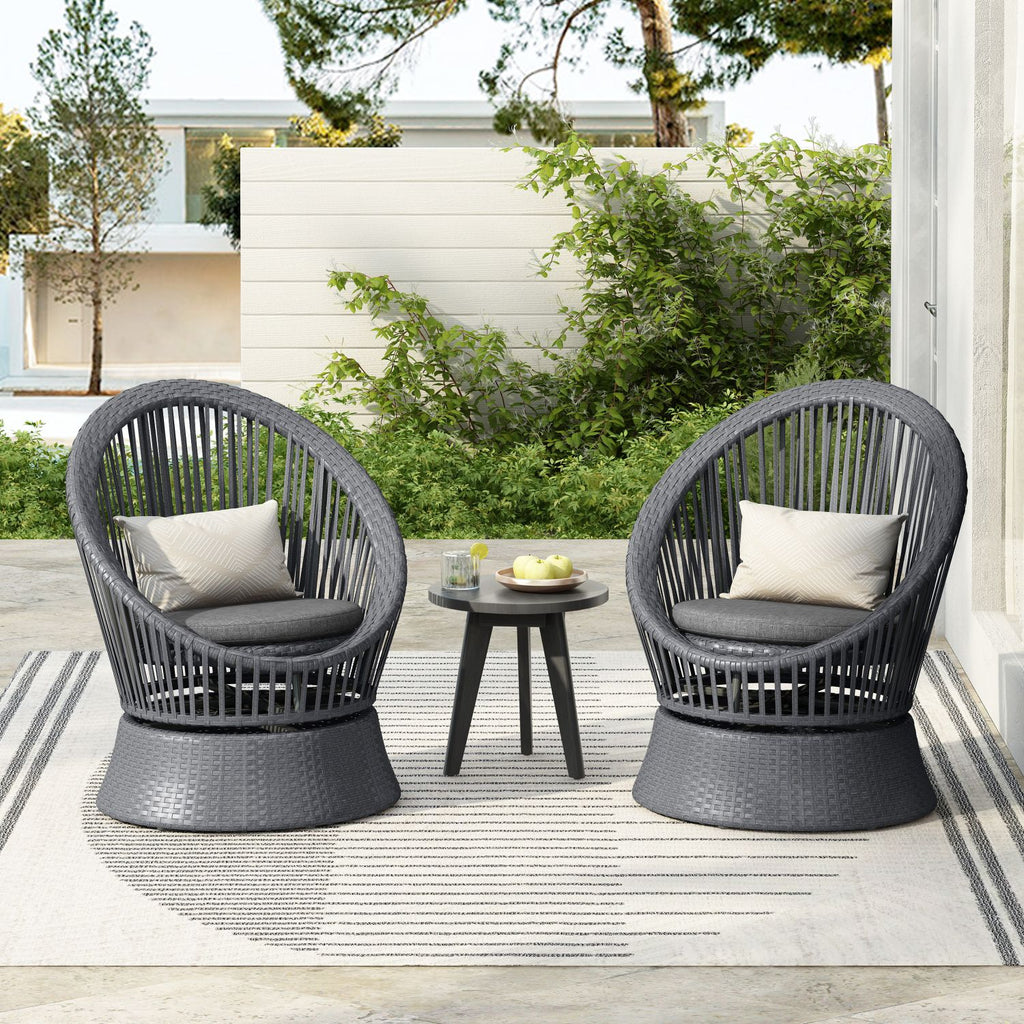 [Set of 2] 26.7" Modern Gray Swivel Wicker Lounge Chair with Rattan and Iron Frame, Featuring a Stylish Round Design, Perfect for Living Room, Patio, or Balcony Relaxation