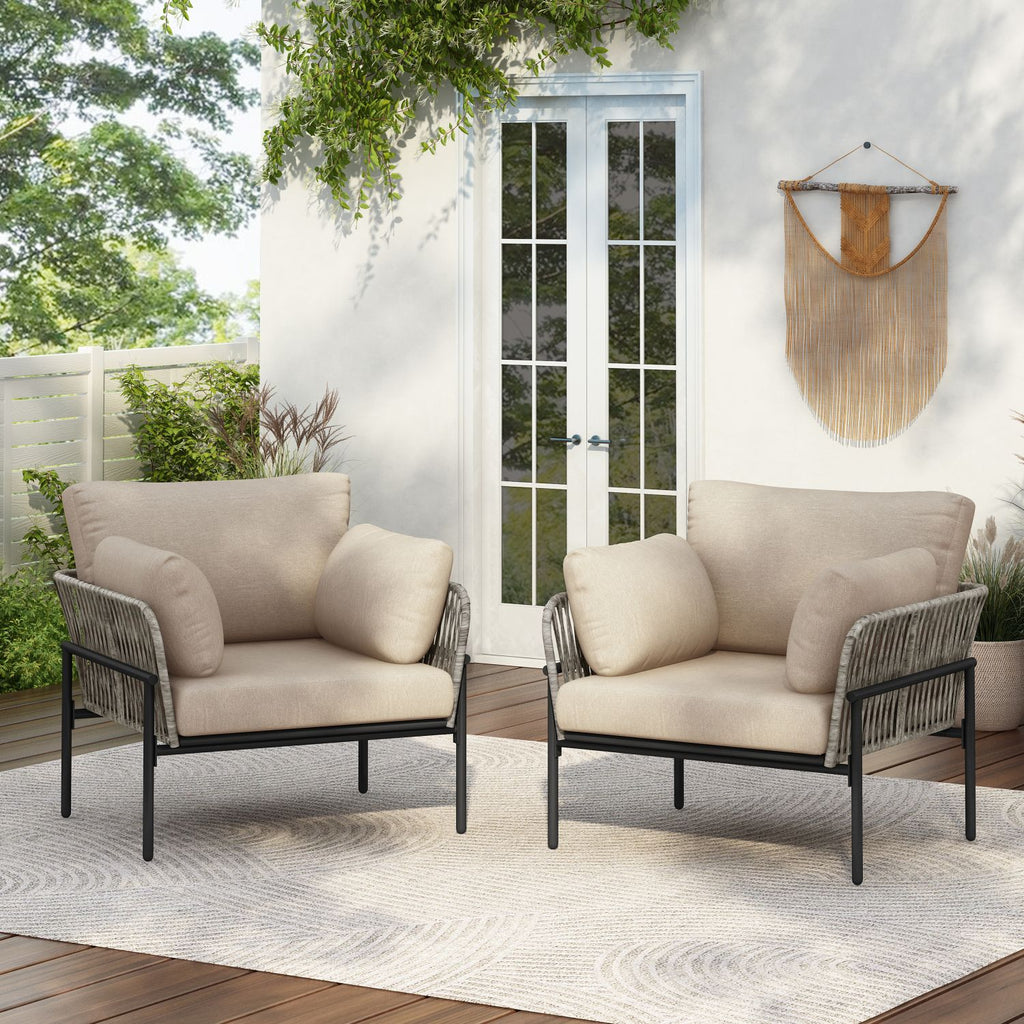 [Set of 2] 36" Beige Iron Lounge Chair with Rope Weave Design and Plush Cushions, Perfect for Indoor and Outdoor Relaxation