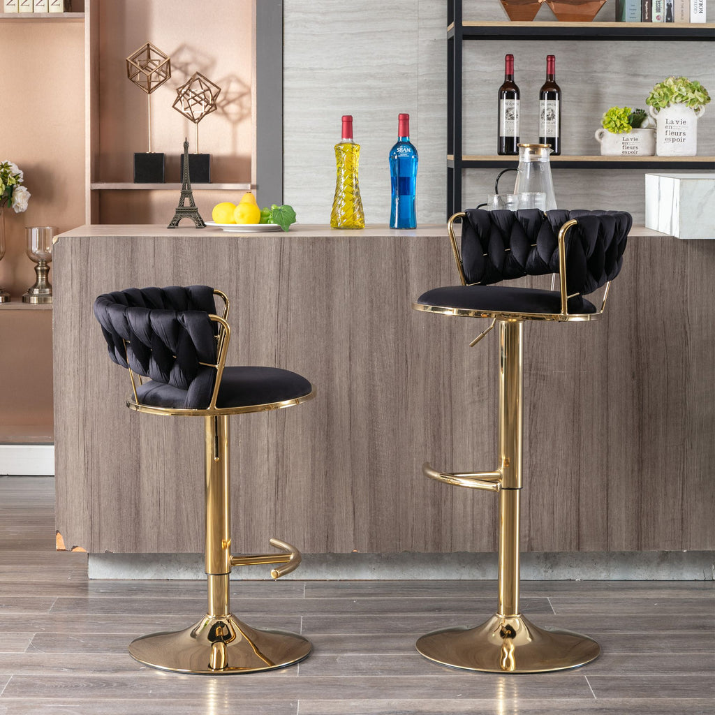 Set of 2 Bar Stools,with Chrome Footrest and Base Swivel Height Adjustable Mechanical Lifting Velvet + Golden Leg Simple Bar Stool-Black