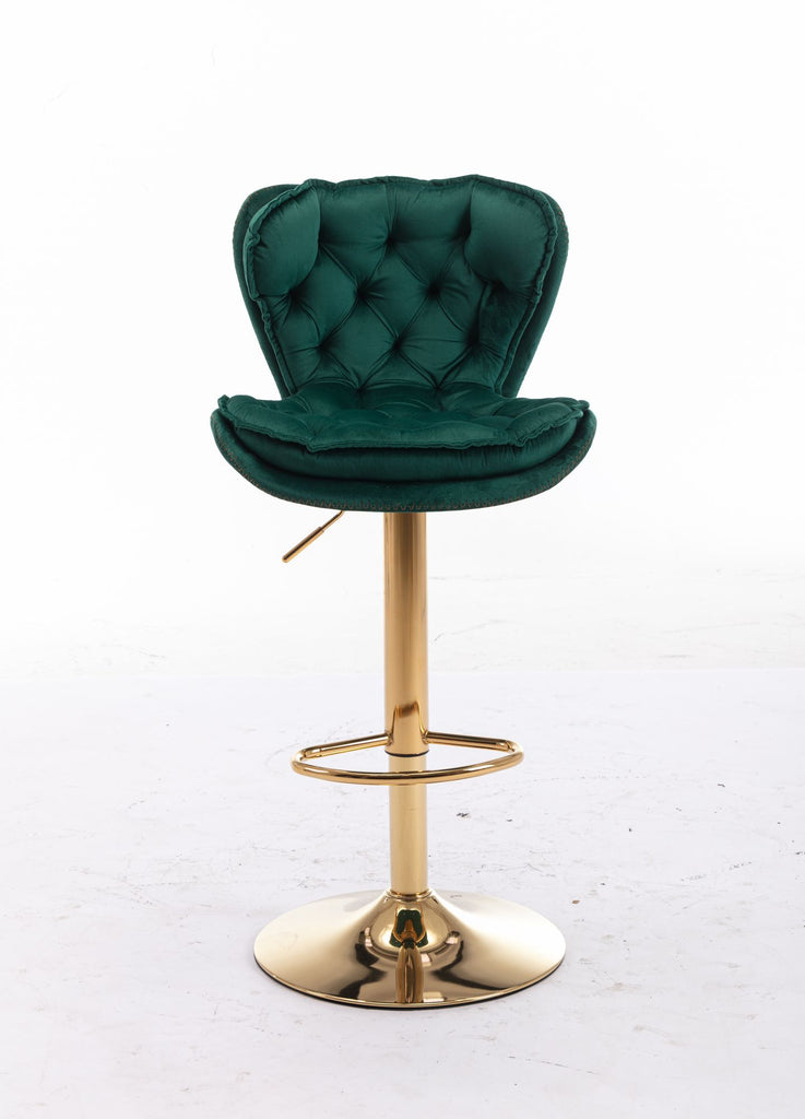 Set of 2 Bar Stools,with Chrome Footrest and Base Swivel Height Adjustable Mechanical Lifting Velvet + Golden Leg Simple Bar Stool-Green