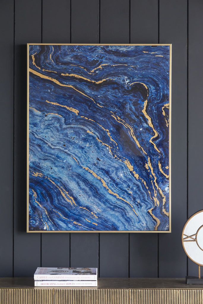 Set of 2 Blue and Gold Framed Art Panels, Unique Marbled Design, 30.5" x 40"